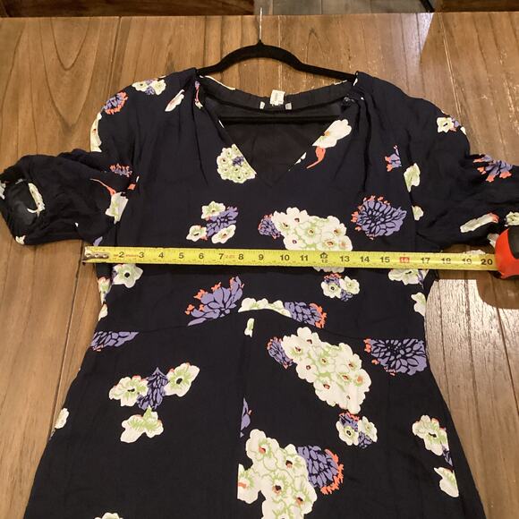 Lewit Navy Blue Floral short Dress Puff Half Sleeves Sheath Split Hem 10 viscose - Picture 3 of 11